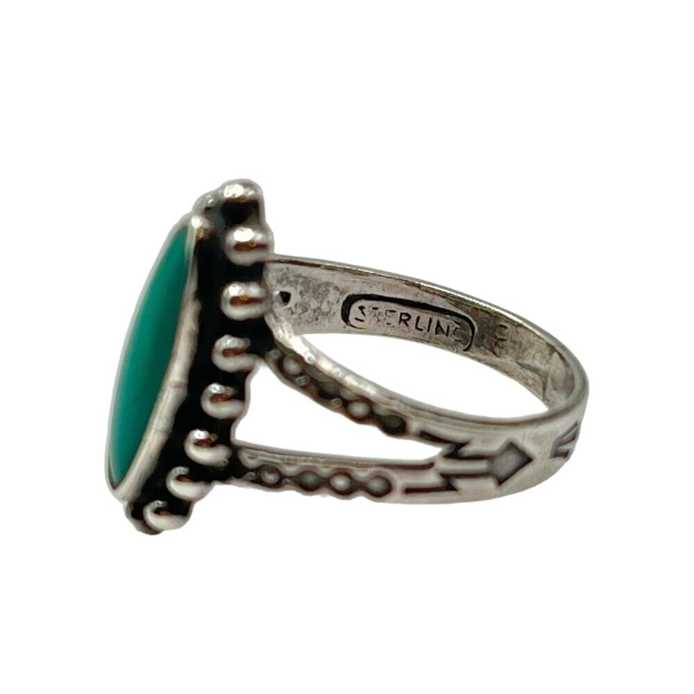 Turquoise And Sterling Silver Long Oval Cocktail Ring Southwestern Bohemian 4.5 - Picture 5 of 7